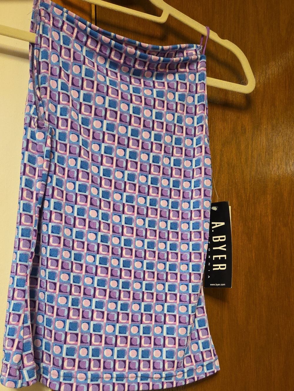 JUNIORS.   A. Byer Purple Geometric Top with Blue and Pink Accents